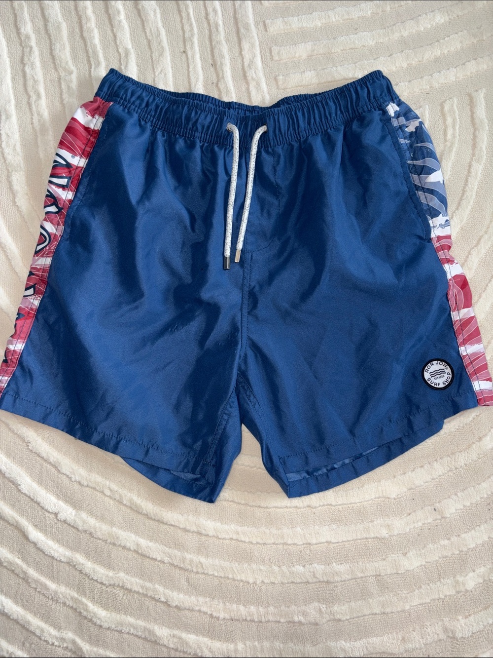 Ron Jon Navy Swim Trunks with Red Patterned Side Panels